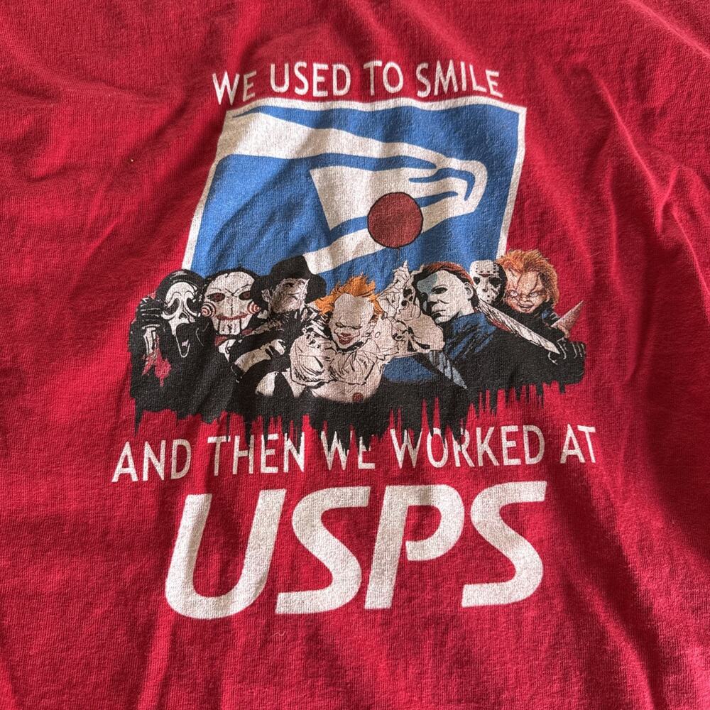 Funny Work Shirt Mail Men Sz L Jason Michael Scream Chucky Freddy IT Graphic